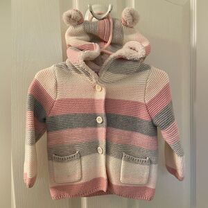 Baby Gap Garter Cardigan Sweater Sherpa Lined Hooded Striped Size 6-12 Months